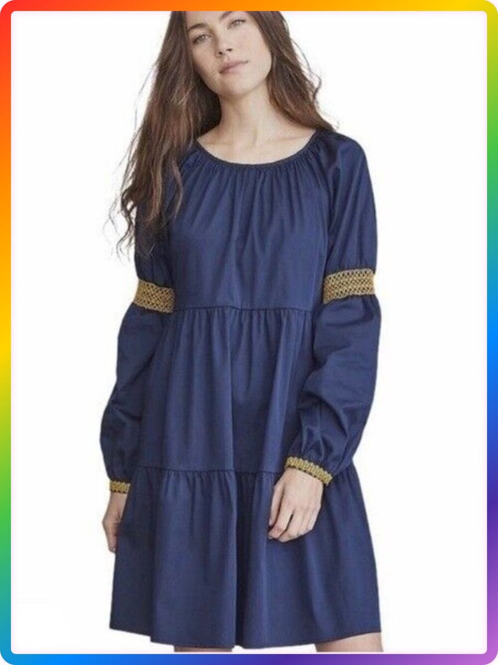 Elizabeth and James Crochet Mini Dress SIZE M Navy Gold Boho Peasant